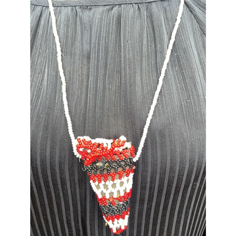 Red Black & White Seed Bead Pouch Necklace Amulet Sachet Medicine Bag Boho